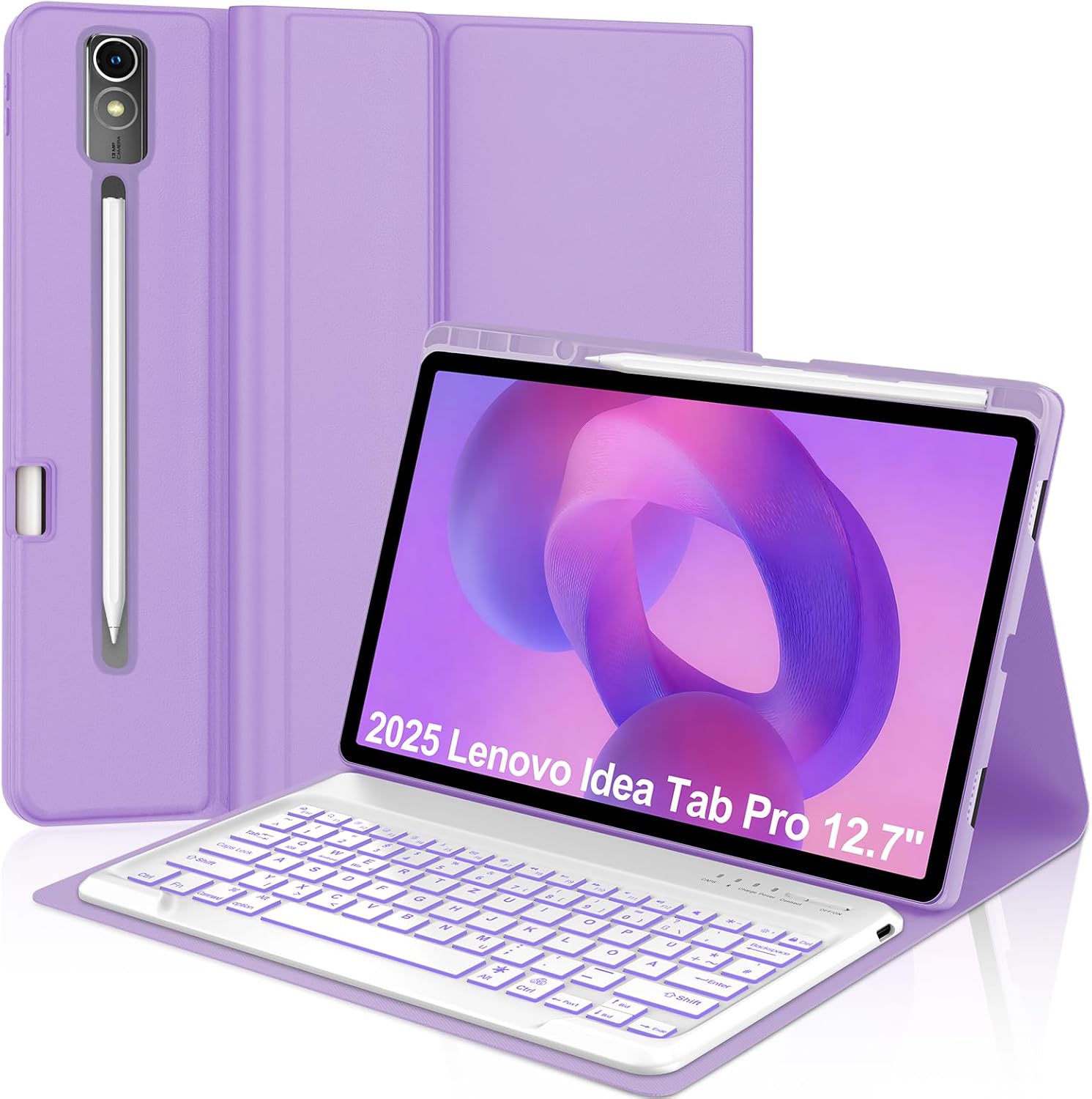 Keyboard Case for Lenovo Idea Tab Pro 12.7'' 2025, Backlit Keyboard for Idea Tab Pro 12.7inch Case with Pen Holder, Smart Cover Folio for Lenovo 2025 Tablet Keypad with Adjustable View Angles, Purple