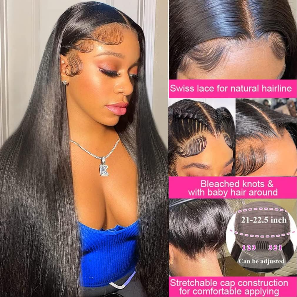 13x6 Straight Lace Front Wigs - Human Hair HD Transparent Lace Frontal Wigs for Black Woman - Brazilian Glueless Wigs - Pre Plucked Natural Color 36 Inch