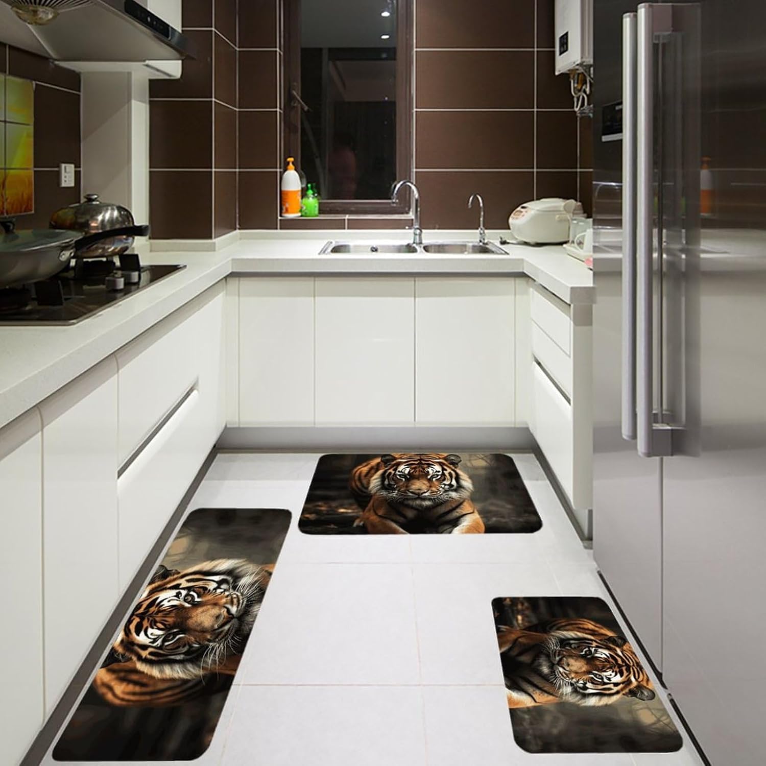 Wild Animals Tiger Kitchen Mats for Floor 3 Pcs Kitchen Rugs