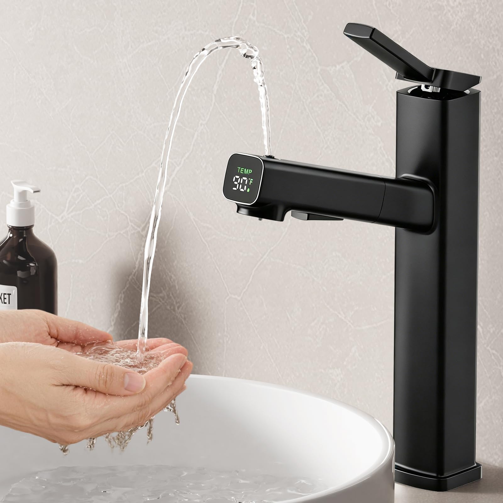 MIAOHUI Grifo de baño alto con rociador extraíble, 3 modos de pulverización, grifo de lavabo con pantalla de temperatura, grifo de tocador de baño alto de un solo agujero con manguera retráctil, modo