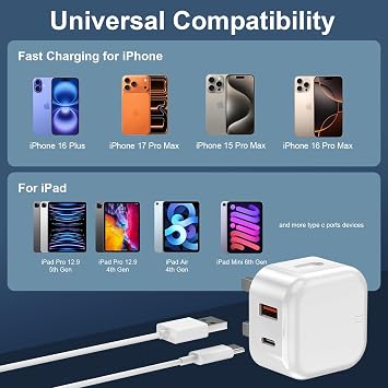USB C Charger for iPhone 17 16 15 Charger 20W Fast Charger USB C Plug&Cable, 2Pack Type C UK Wall Phone Power Adapter USBC Lead for iPhone 17e/16/15/Pro/Max/Air/Plus/iPad/Samsung S25/S24/S23 Series
