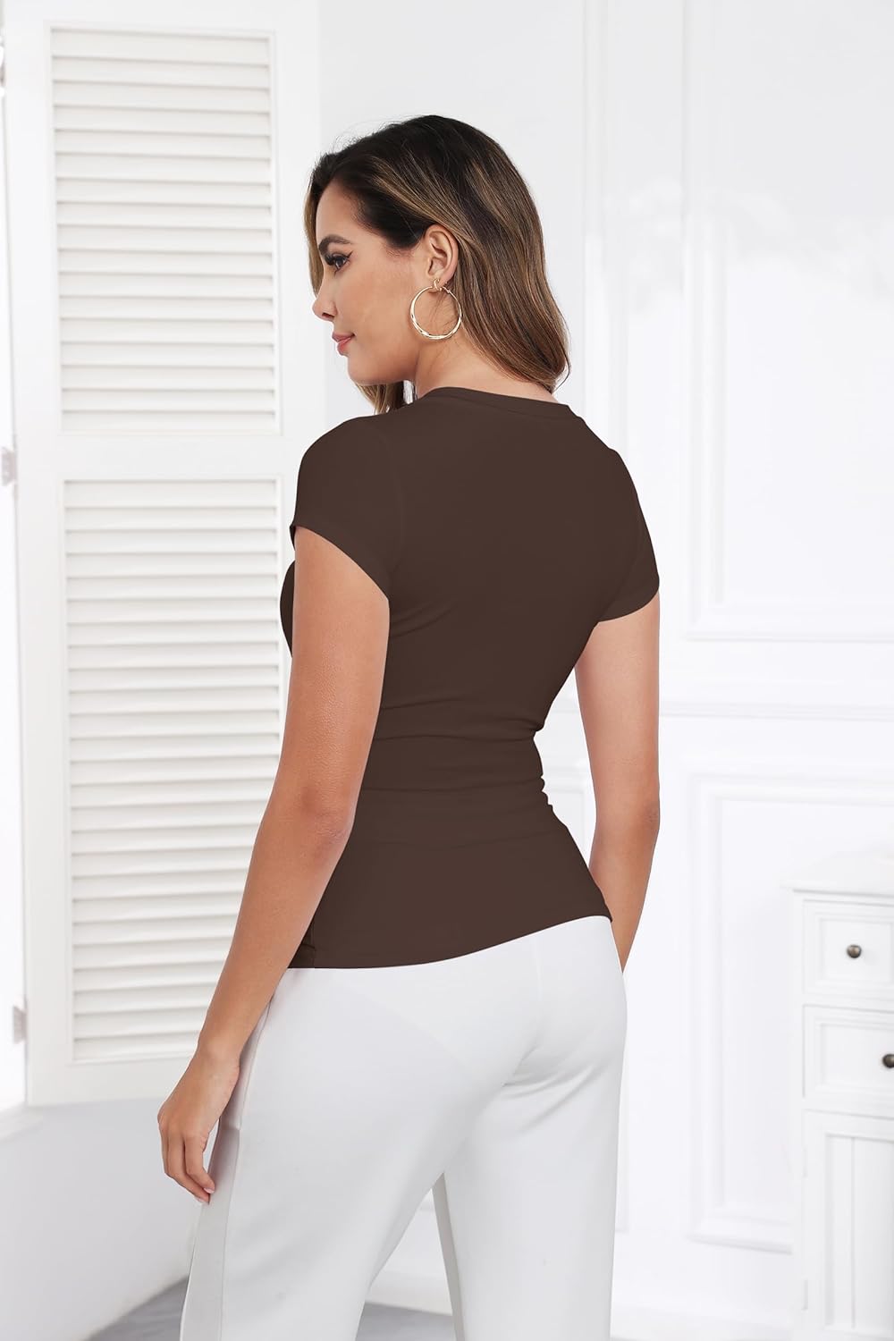 PALINDA Women's V Neck Fitted Shirts Basic Casual Stretchy T Shirt Short Sleeve Summer Tops - Image 4