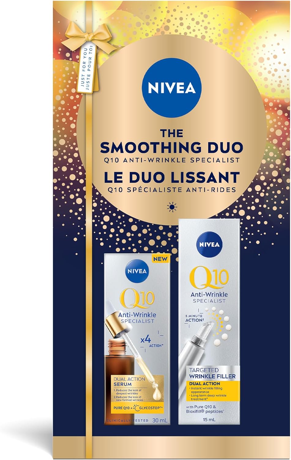 NIVEA Smoothing Duo Q10 Anti-Wrinkle Specialist, Holiday Gift Set for Smoother-Looking Skin, Includes Dual Action Serum and Targeted Wrinkle Filler, 2-Piece Skincare Set NIVEA Smoothing Duo Q10 Anti-Wrinkle Specialist, Holiday Gift Set for Smoother-Looking Skin, Includes Dual Action Serum and Targeted Wrinkle Filler, 2-Piece Skincare Set