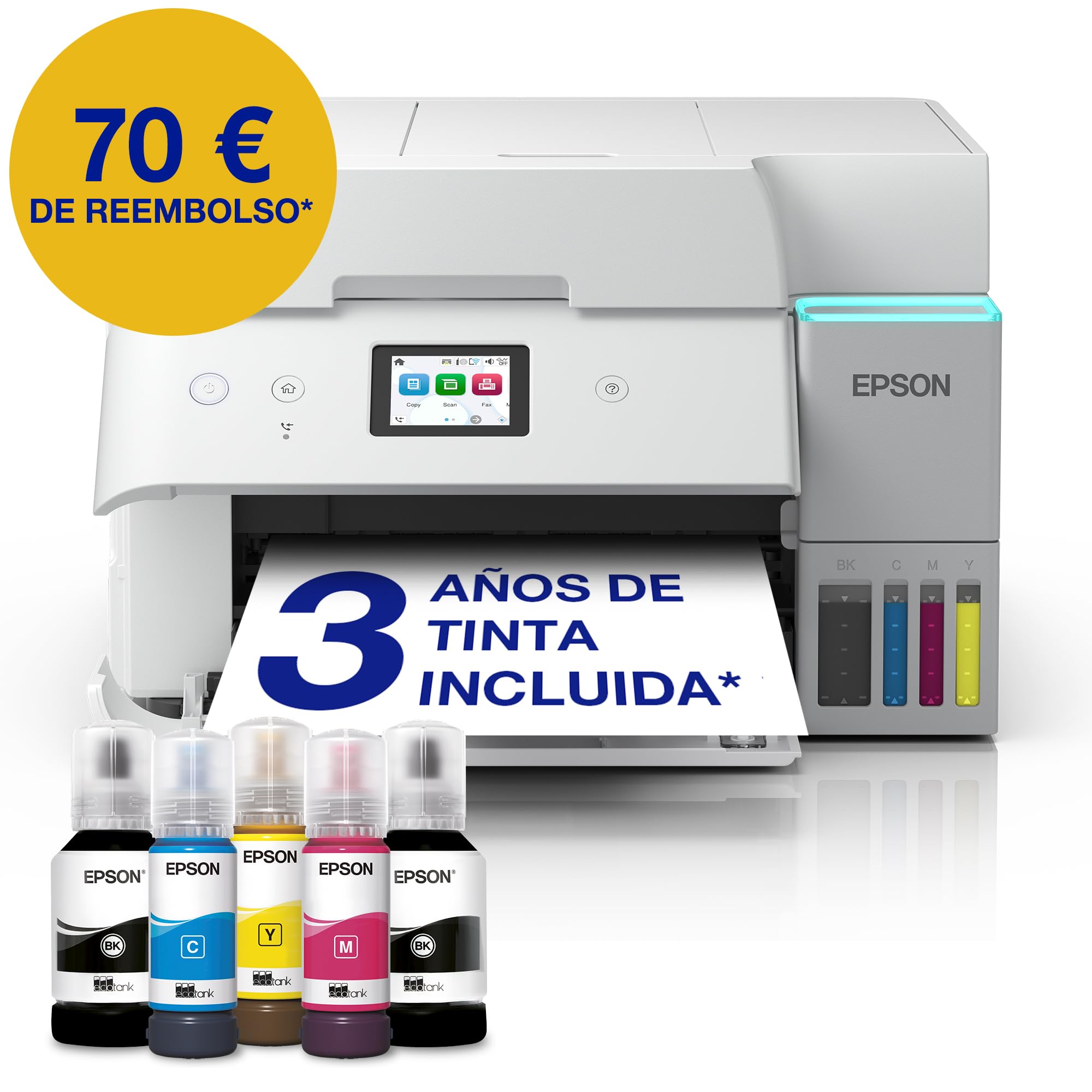 Epson EcoTank ET-4956 Impresora de Depósito de Tinta | Teletrabajo | Wi-Fi, Ethernet | A4 | Doble Cara | Imprimir, Copiar, Escanear, Fax | Pantalla Táctil 6,1cm | ADF | Tinta Incluida para 3 Años