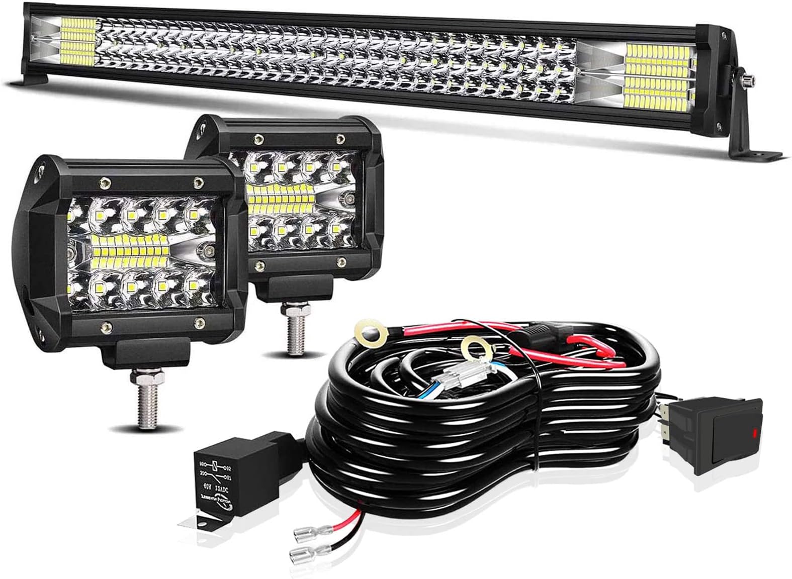 TURBO SII 32" LED Light Bar Triple Row 441W Flood Spot Combo Beam Led Bar W/ 4Pcs 4in Off Road Driving Fog Lights with Wiring Harness-3 Leads for Jeep Trucks Polaris ATV Boats Lighting