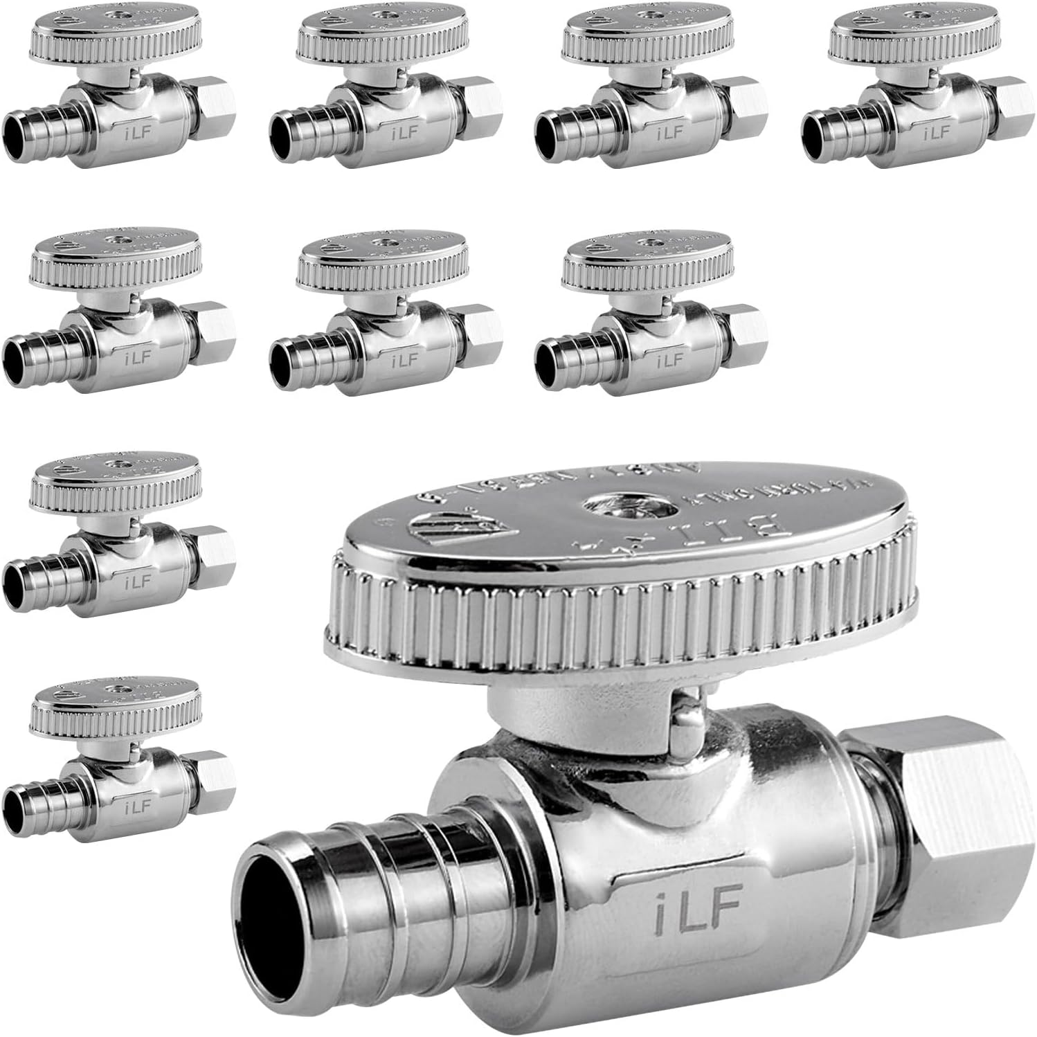 10 Pack Premium LF Brass 1/2 Inch Pex x 3/8 Inch OD Compression Quarter Turn Straight Stop Valve