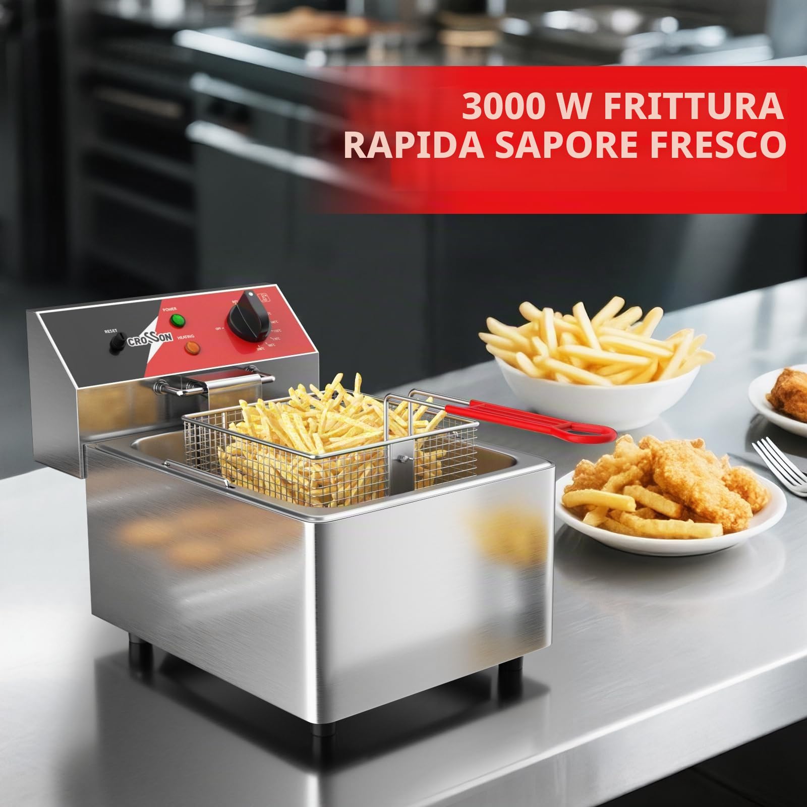 CROSSON Friggitrice Commerciale 6 Litri,Friggitrice Elettrica ad Olio da Inox 3000W con Cestello e Coperchio,Controllo Temperatura 80-200°C,per Cucina Ristorante