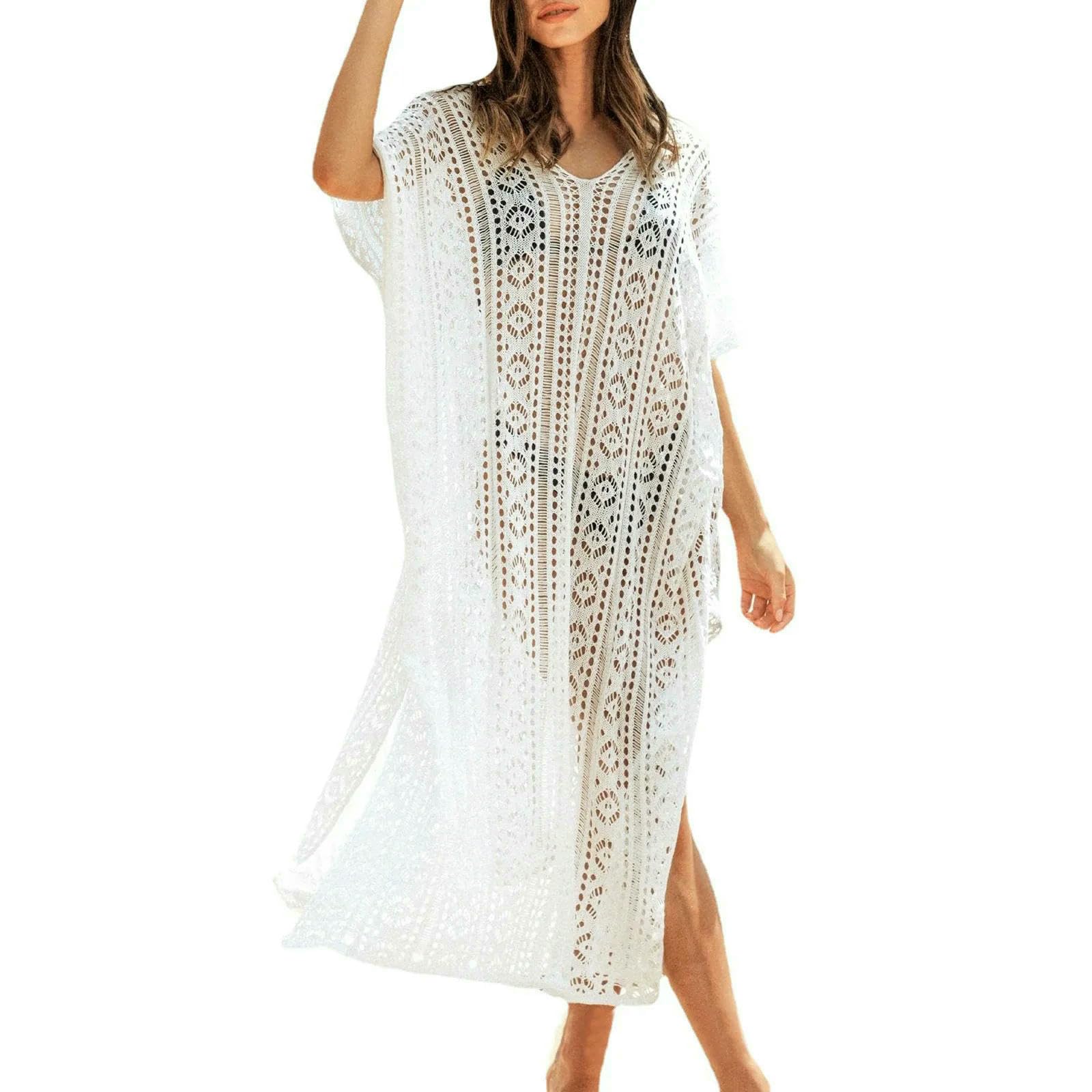 Paréo Plage Femmes Au Crochet Couvrir Cardigan Tassel Perles Décor Échal Cape pour Maillots De Bain Pareo Plage-Blanc-Une Taille