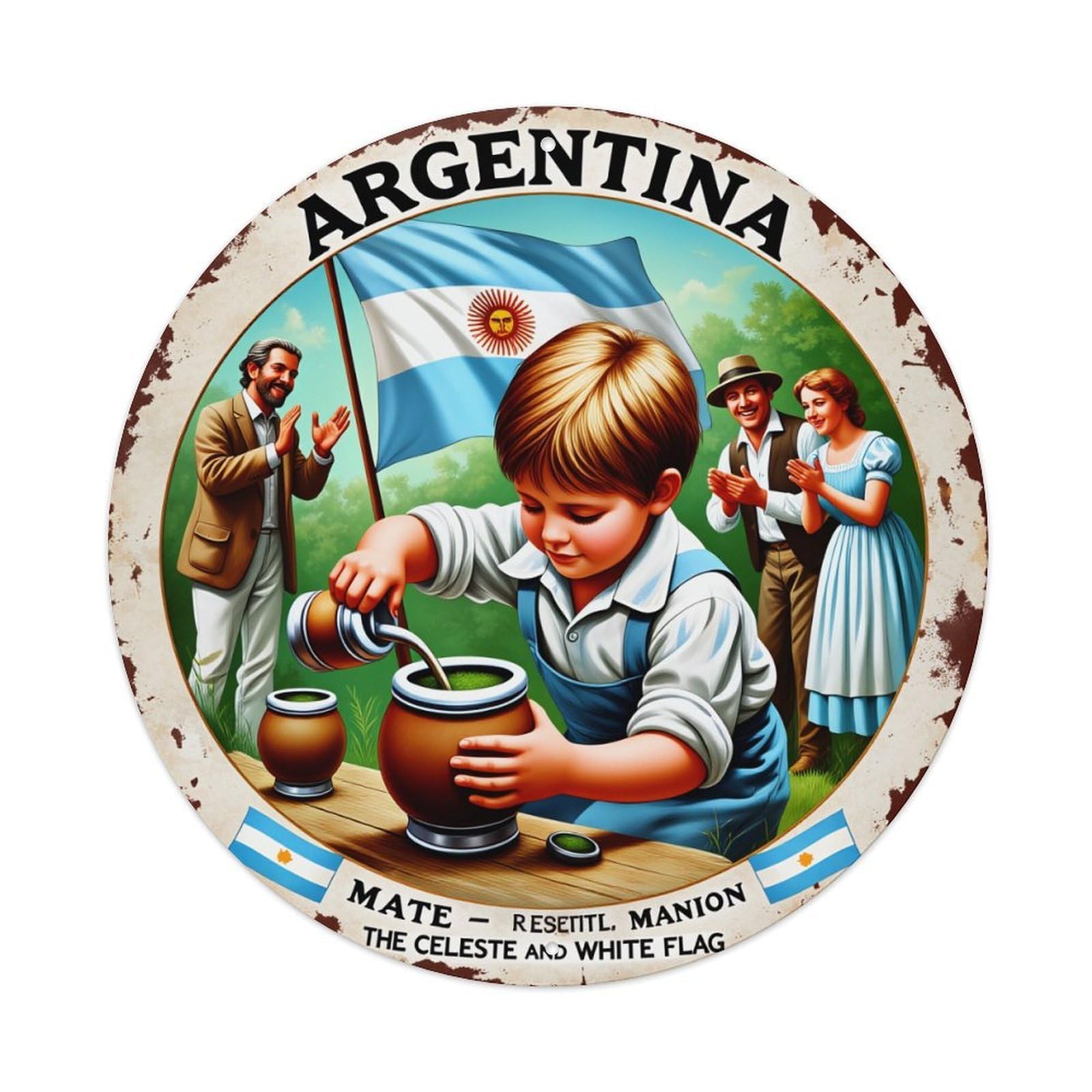 Argentina Mate Tradition Flag People Round Tin Sign Vintage Metal Poster, Home Bar Garage Man Cave Cafe Indoor & Outdoor Wall Decoration 8x8Inches