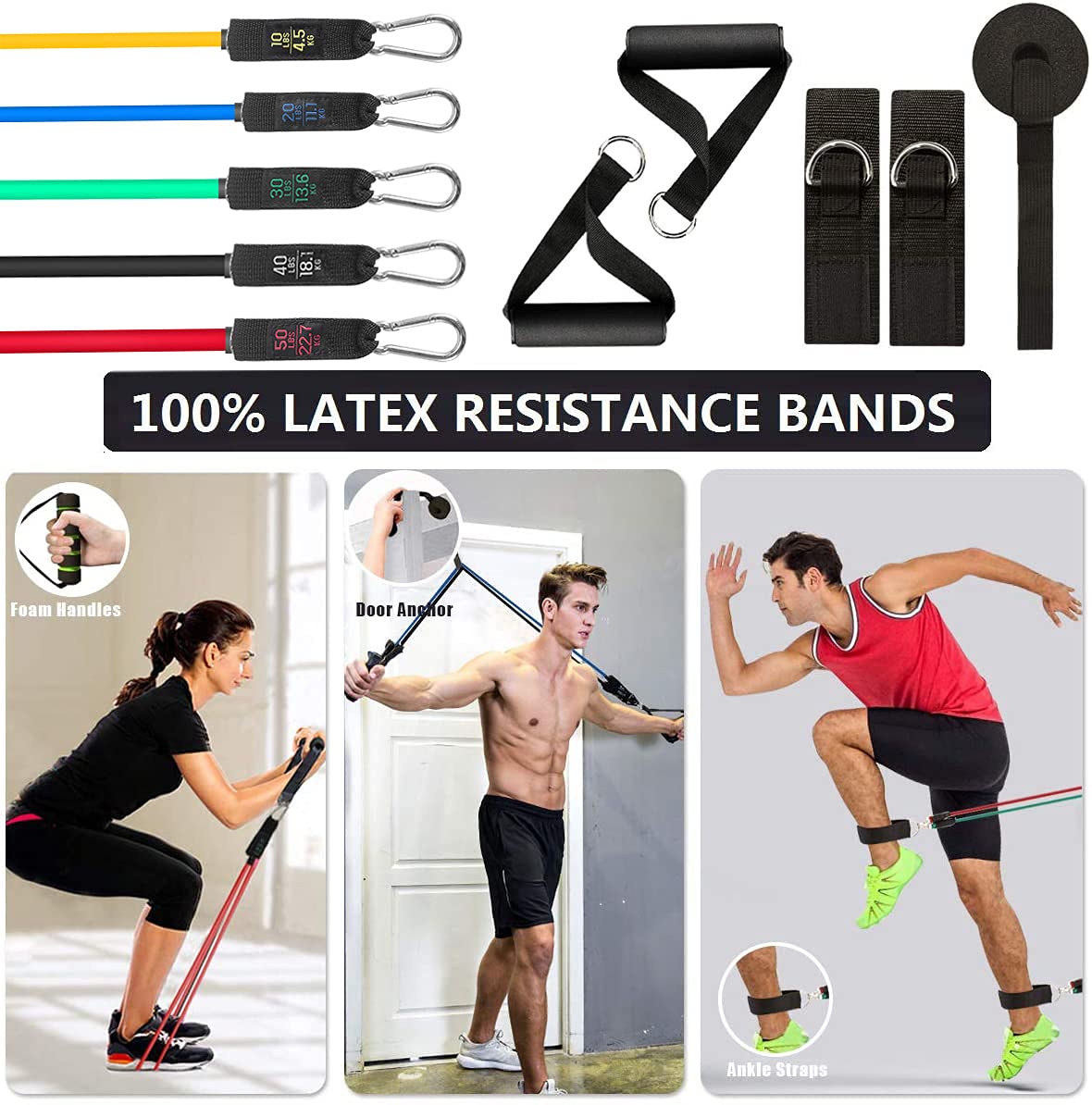 Widerstandsbänder-Set, 68 kg, für Zuhause, Fitnessstudio, Training, elastische Latexgurte für Sporttraining, Muskelverlust, Gewichtsverlust, Physiotherapie, Knöchelriemen, für drinnen und draußen