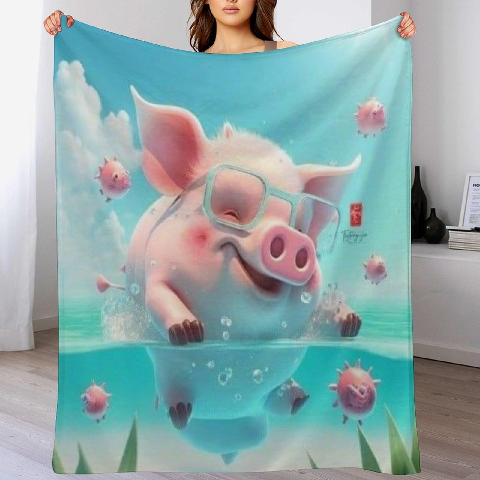 Manta de sofá de cerdo y colcha mullida: franela suave y forro polar térmico de 130 x 180 cm