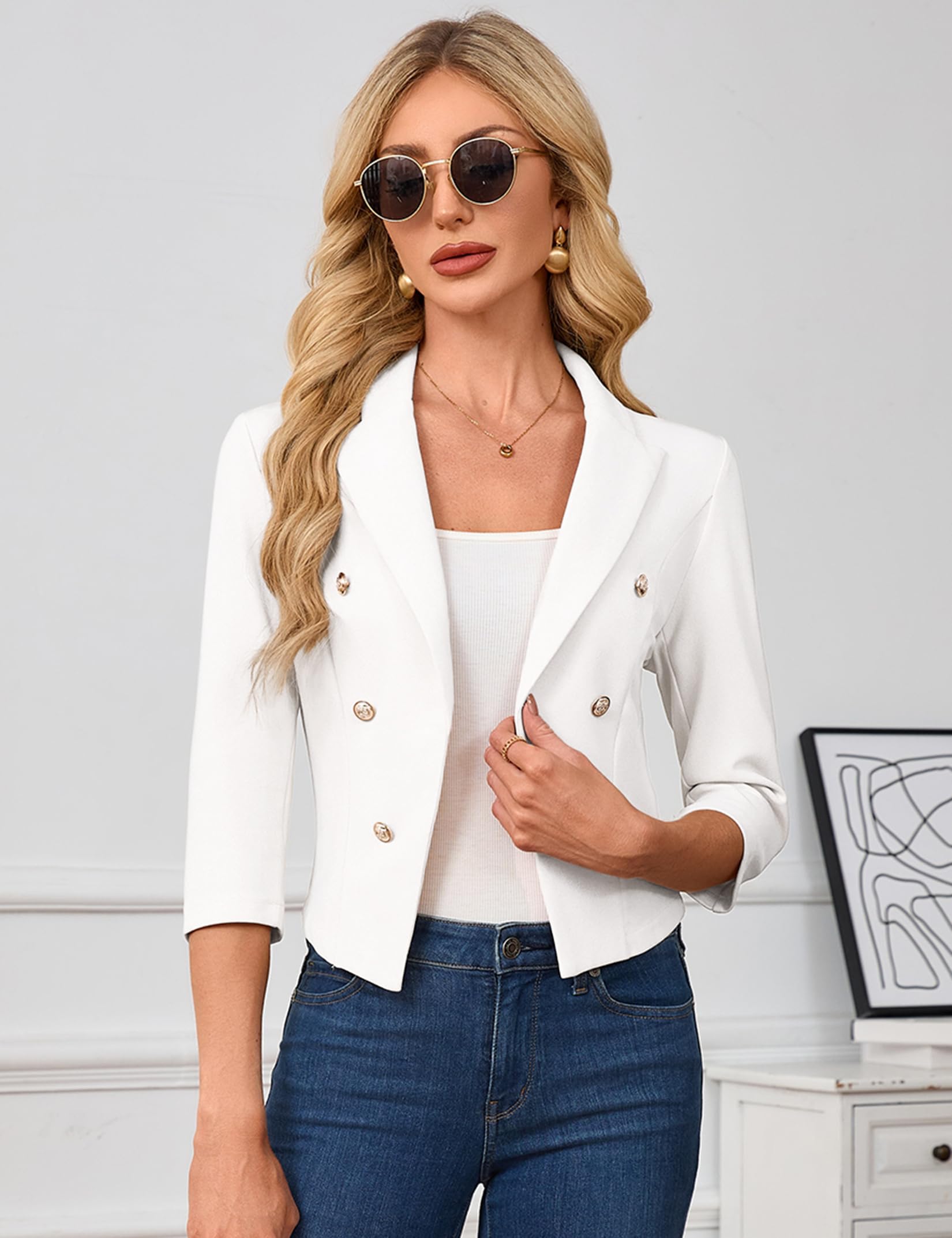 Blazer corto da donna, maniche a 3/4, colletto a risvolto, cardigan business bolero aperto frontale (confezione multipla)