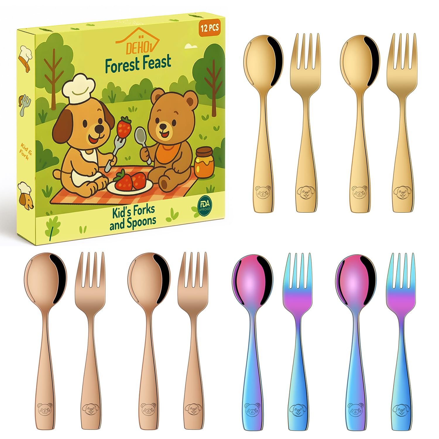 Colorful Kid's Spoons and Forks Set of 12, Stainless Steel Toddler Eating Utensils Set, Metal Children Small Cutlery Sets