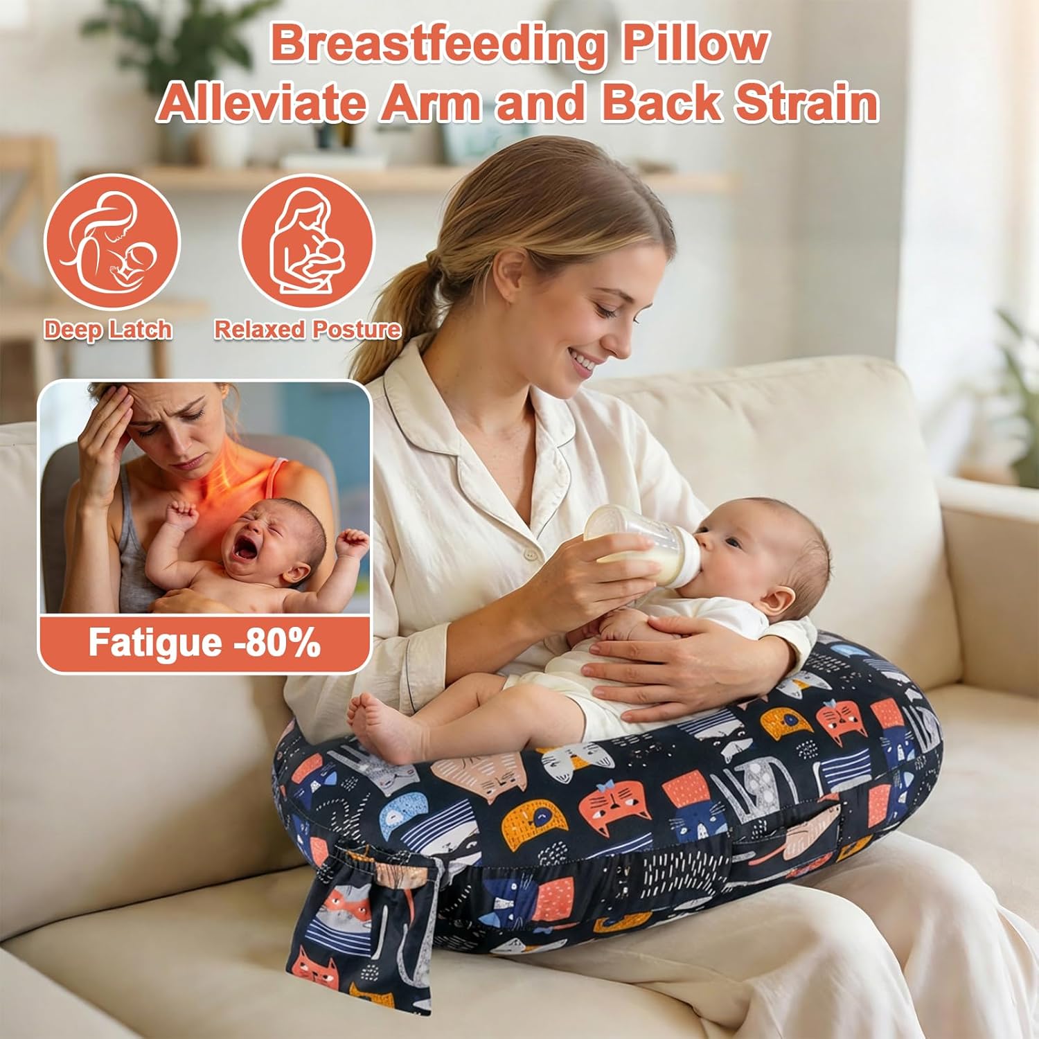 Plus Size Nursing Pillow Wider Support, Breastfeeding Pillow with Adjustable Strap Fit All Body Type, Ergonomic Breast Feeding Pillow, Baby Feeding Pillow for Mom- Max Size/Kitty