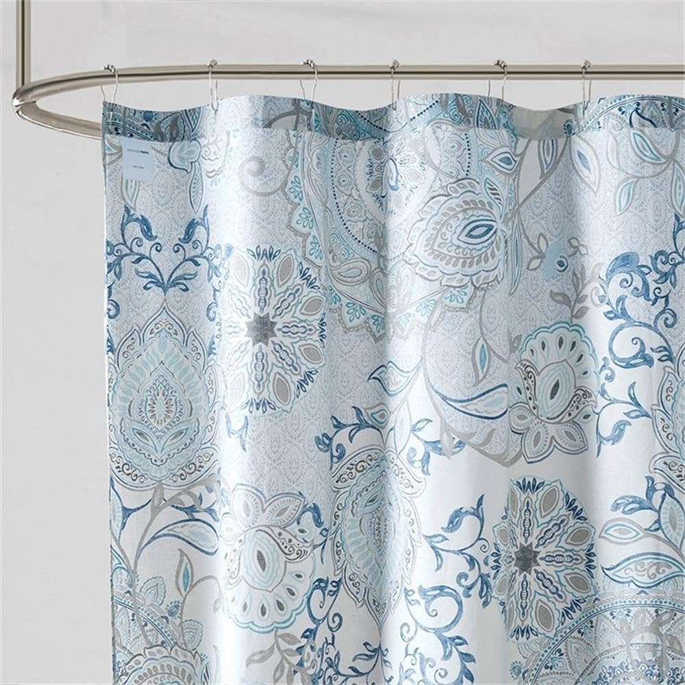 Pemberly Row Contemporary Printed Cotton Shower Curtain in Blue