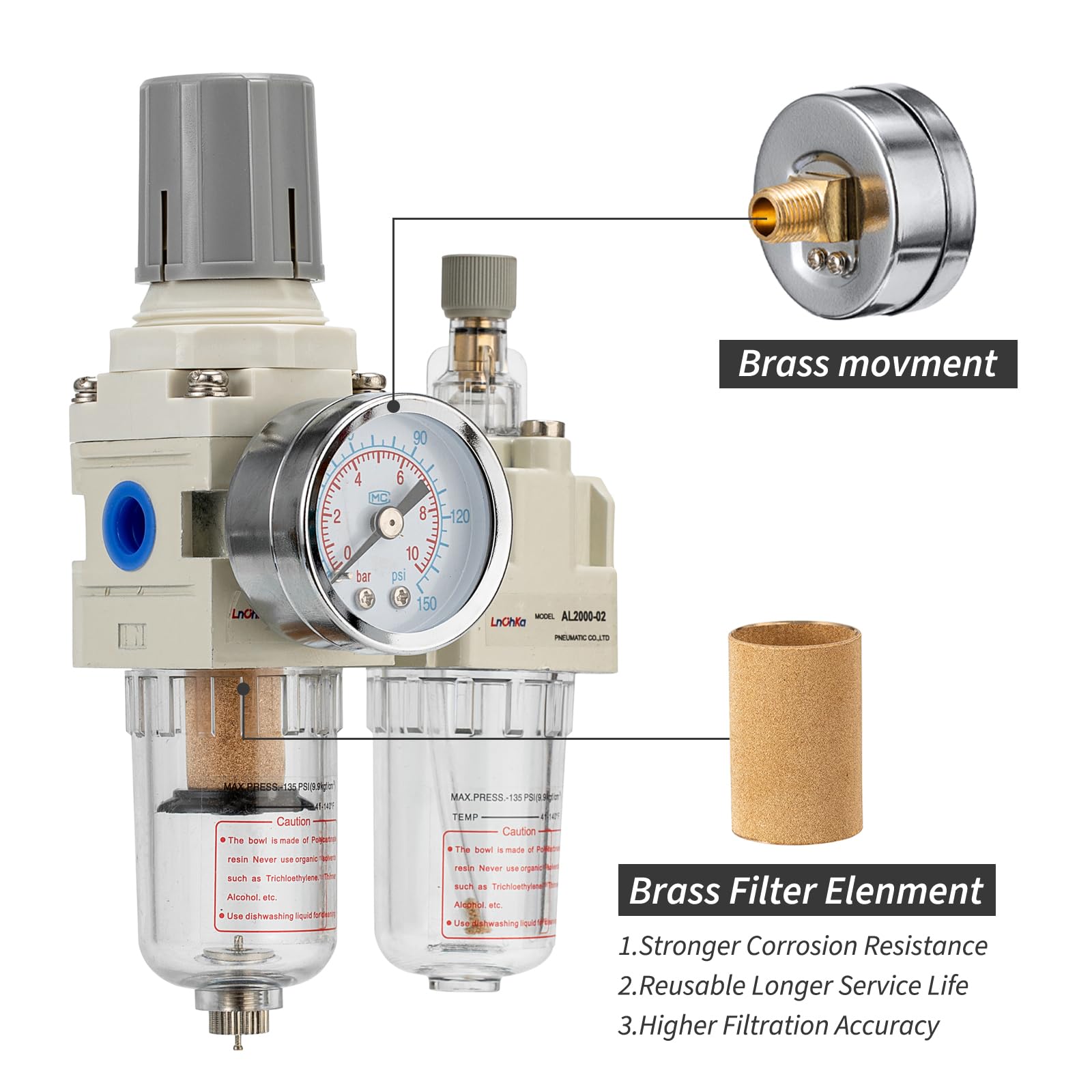 Regolatore di pressione dell'aria con manometro (0-150 PSI), separatore d'acqua per compressore d'aria, drenaggio semiautomatico 1/4 NPT interfaccia filettata