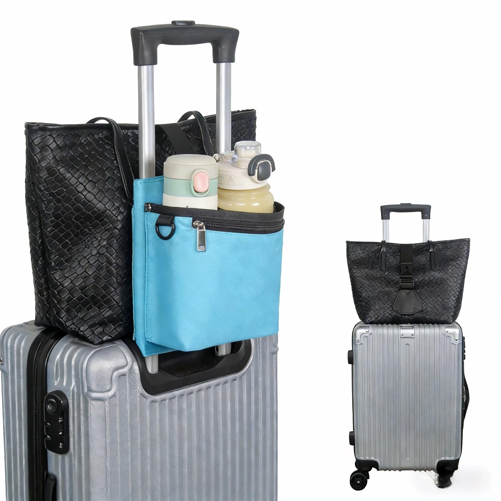 Luggage Travel Cup Holder with Luggage Straps (20oz/24oz/ Diameter Less Than 3.15") Free Hand Drink Caddy Beverage Holder Travel Accessories Gift Fits Roll on Suitcase Handles (Blue)