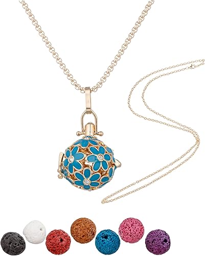Miniatura 8 de YoungJewl Collar difusor de aceite esencial, diamantes de imitación de crisantemo crema, con colgante de aromaterapia de cobre, 7 piezas de piedra