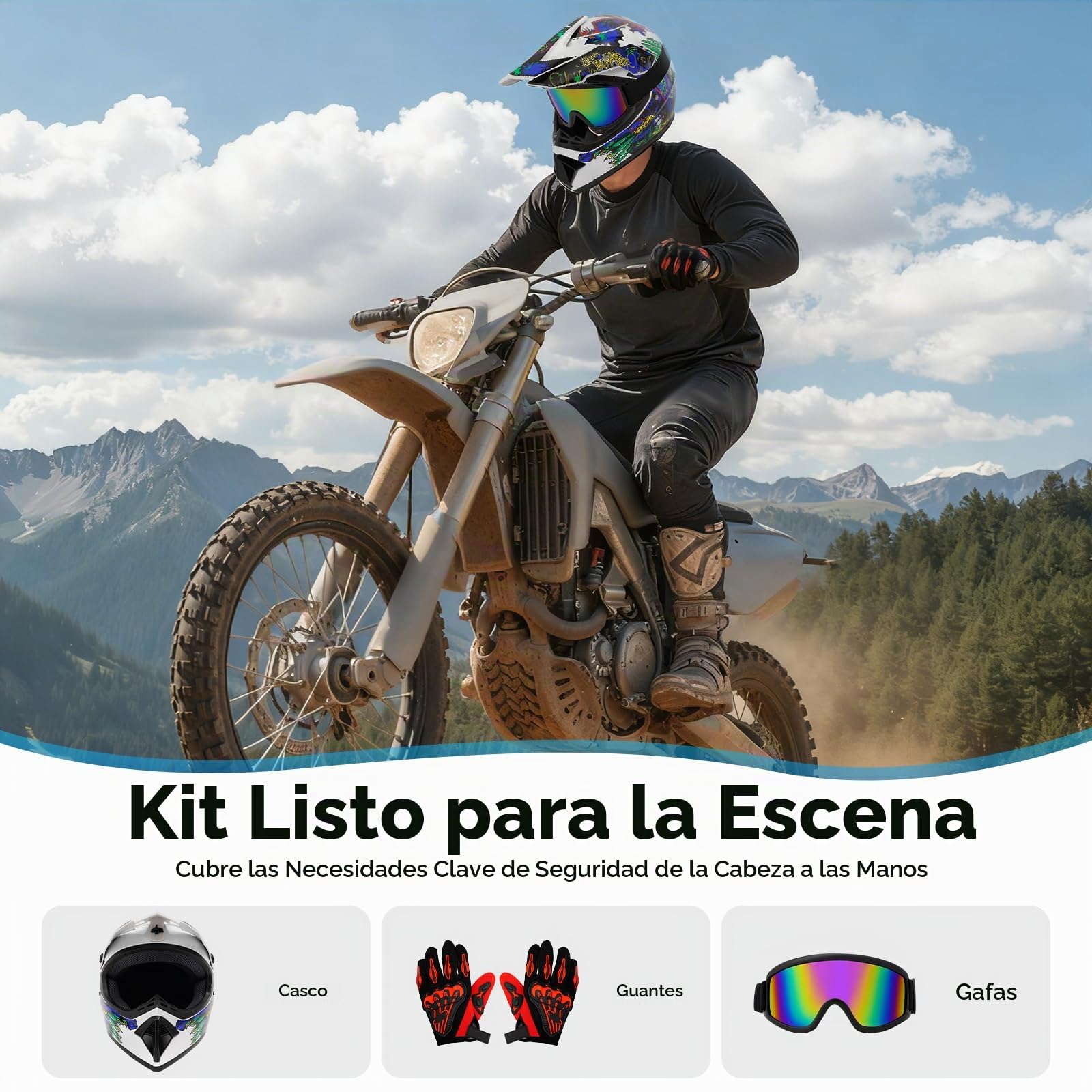 Set de casco integral de moto con gafas protectoras y guantes L