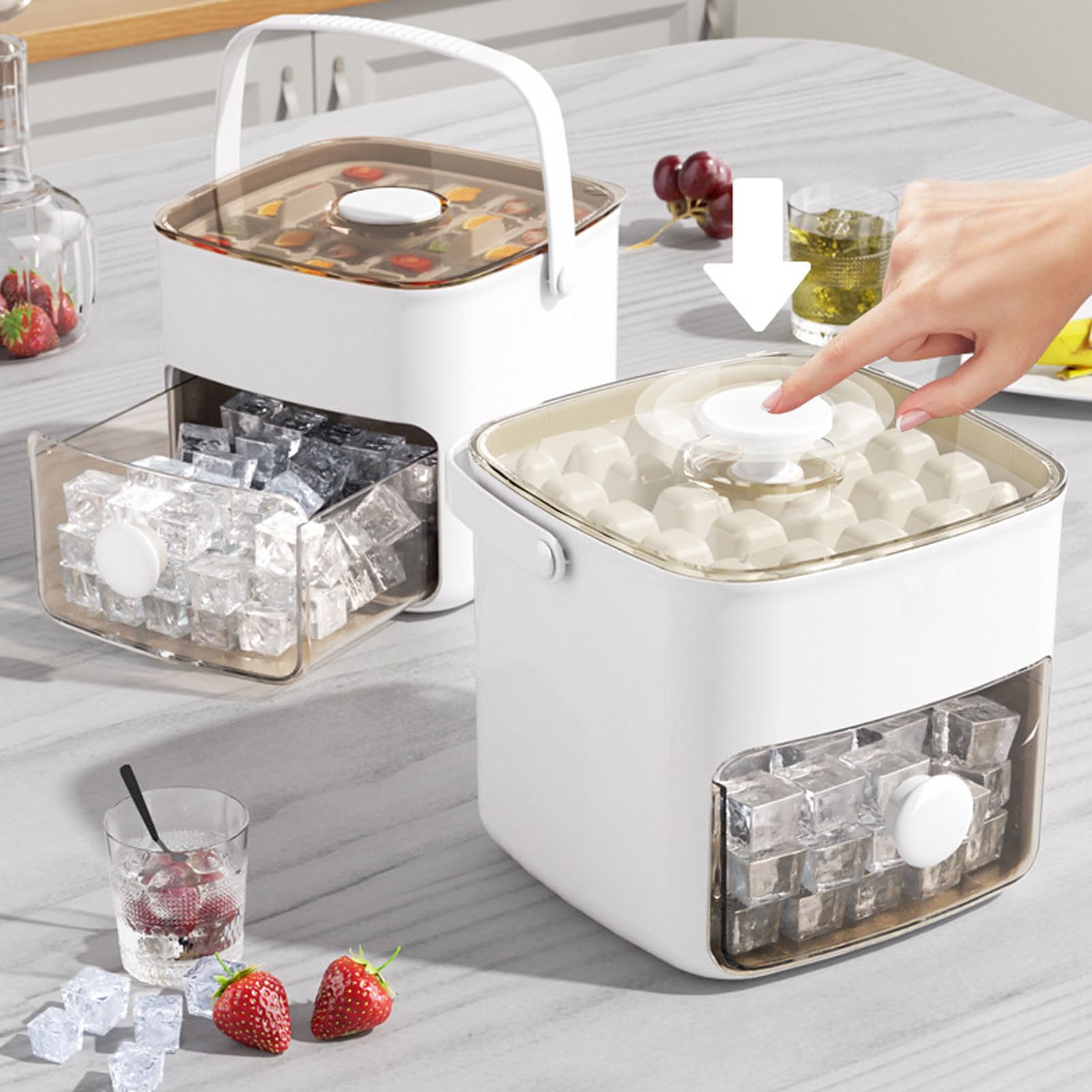 Cubo di Ghiaccio Maker Ice Set di Vassoio con 2 Vassoi e Contenitore per 120 Cubi di Rilascio Facile Design di Grado di Grado Alimentare Materiale PP Silicone Gestisce il (bianco latte)