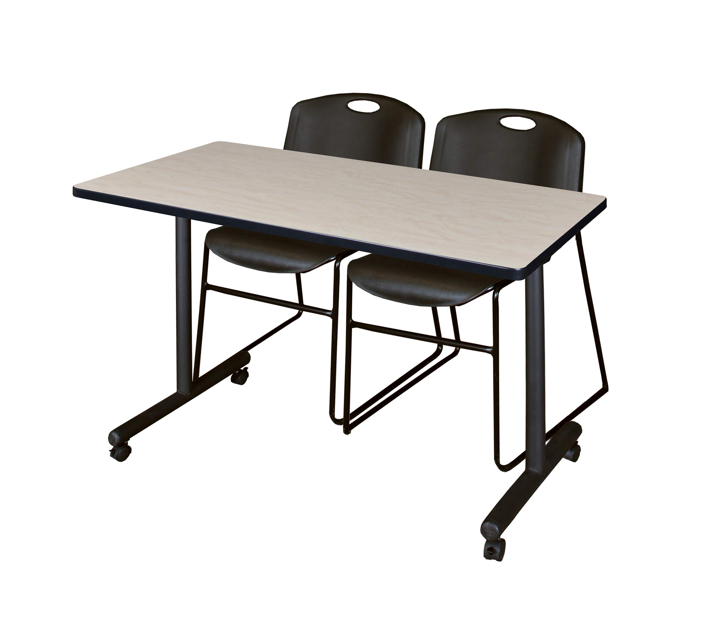 Regency Kobe 48 x 24 in. Mobile T-Base Training Table- Maple, 2 Zeng Stack Chairs- Black