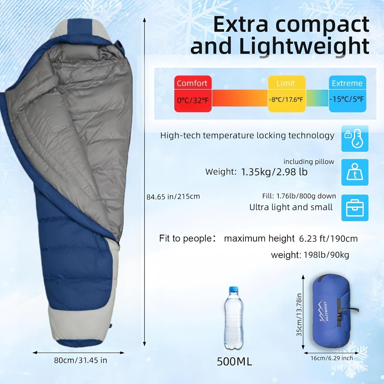 Ultralight Down Sleeping Bag for Adults with Pillow,15°F 32°F 45°F Ultra Compact Mummy Sleeping Bag with 680FP Duck Down for Women,Kids,Teens Backpacking,Camping and Hiking Outdoor