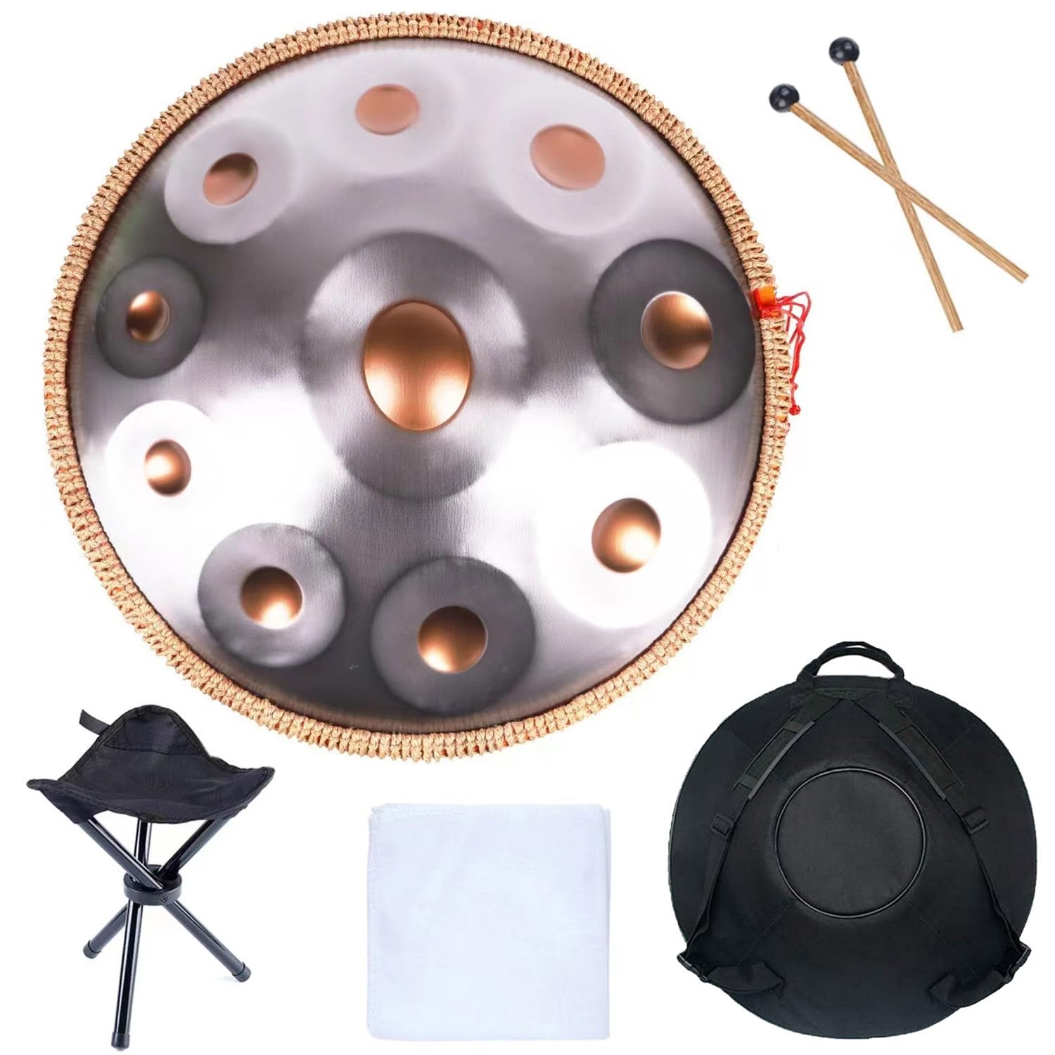 Handpan 9/10/12 Note Tamburo a Linguetta 432Hz 440 Hz, Strumento a Percussione Tonalità Re Minore, Tamburo in Acciaio per Meditazione, Yoga, Guarigione Sonora(Gold and silver,10 Notes/440Hz)