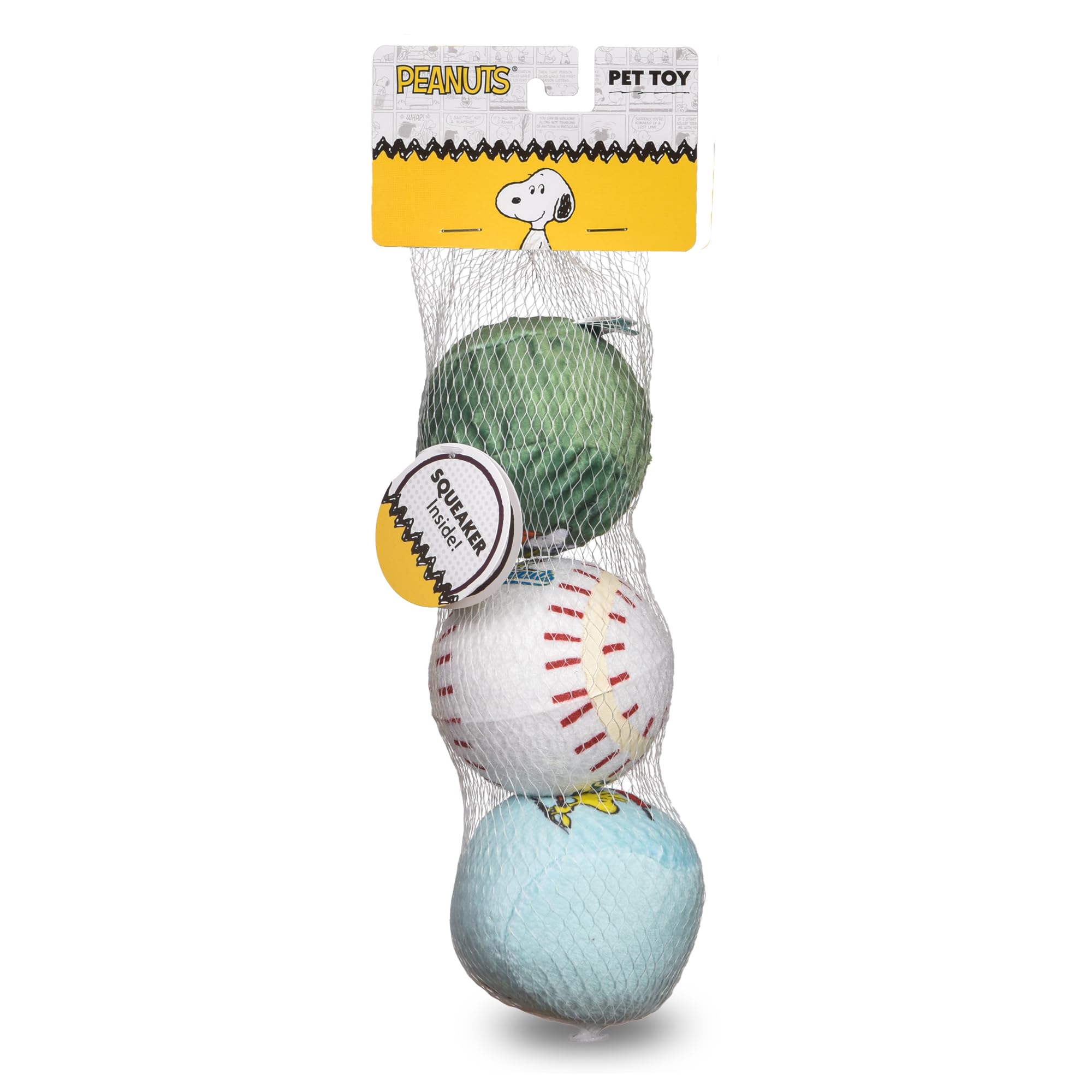 Peanuts for Pets Snoopy The Athlete Multi-Material Dog Ball Toy, 3-Pack - Squeaky, Interactive Dog Toys with Multiple Textures, Perfect for Fetch and Chew - Featuring Snoopy and Woodstock Designs