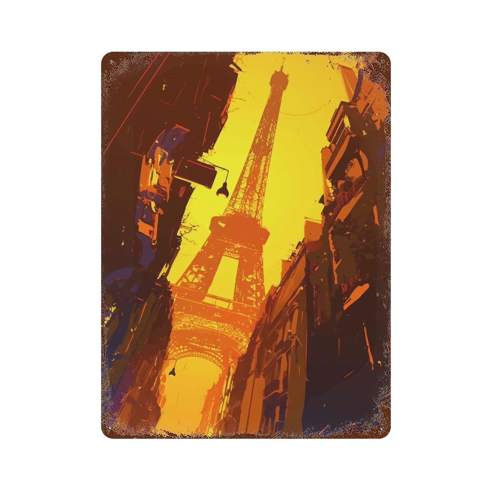 Garage Style Eiffel Tower View Rust Effect Tin Sign 15.7"x11.8", Classic Wall Plaque for Bar And Workshop