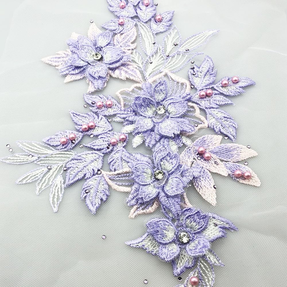 Purple Flower Appliques Rhinestone Pearl Fabric Patches DIY Sewing Decorations for Clothing Headbands Crafts Party