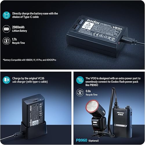 Miniatura 8 de Godox V100C V100 Flash para Canon, 100Ws TTL cabeza redonda cámara flash Speedlite, pantalla táctil 2.4G inalámbrico 1/8000s HSS Speedlight