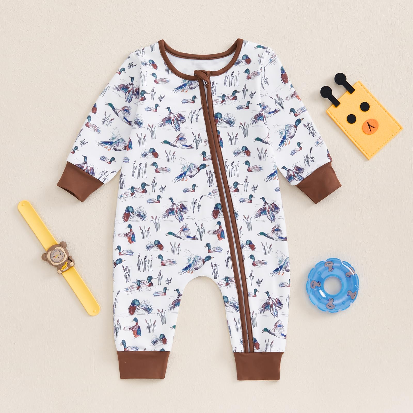 Infant Baby Boy Girl Mallard Duck Romper Jumpsuit Long Sleeve Zip Up Duck One Piece Overalls Hunting Baby Clothes (Brown, 3-6 Months)