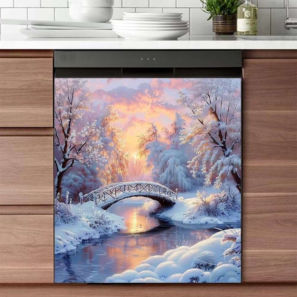 Winter Landscape Wallpaper Dishwasher Cover Magnetic Sticker Kitchen Decor Refrigerator Magnets Home Washer Panel Decal,23x17 inch