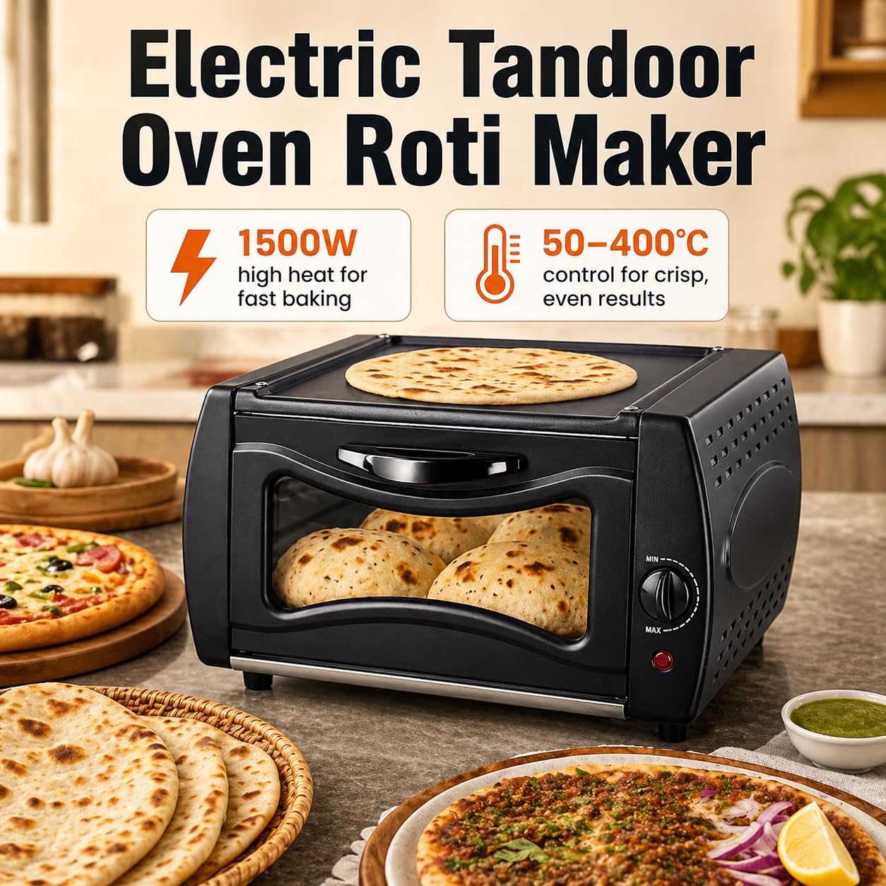 Four électrique Tandoor Roti Maker, machine Chapati Maker 1500 W, contrôle de température 50-400 ℃, avec plaque de cuisson et grille, pour pizza Lahmacun Manakish Naan