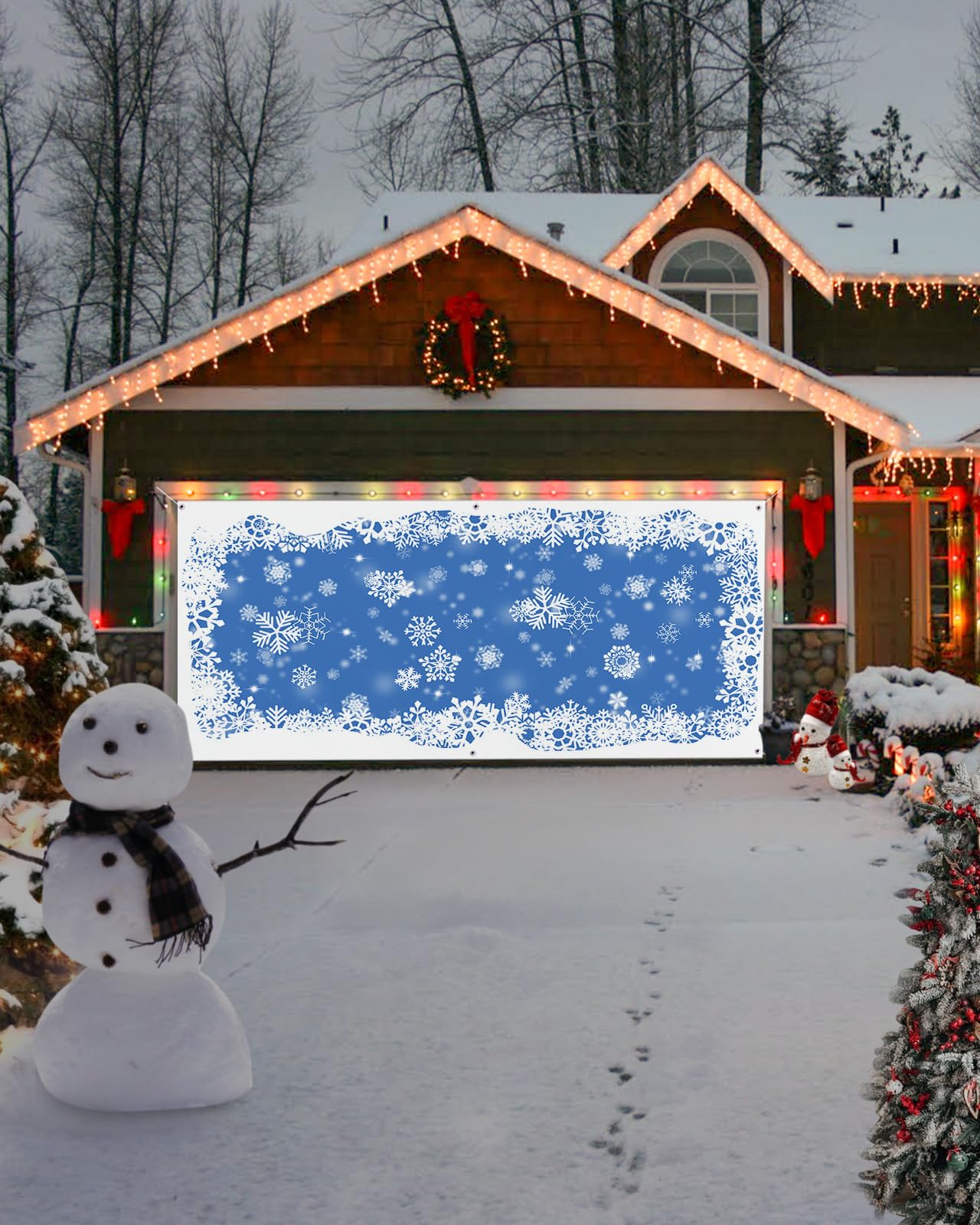 Weihnachts-Garagentor Banner – 2,1 X 4,9 M Winter Design Mit Schneeflocken, Blauer Hintergrund, Inkl. Seil