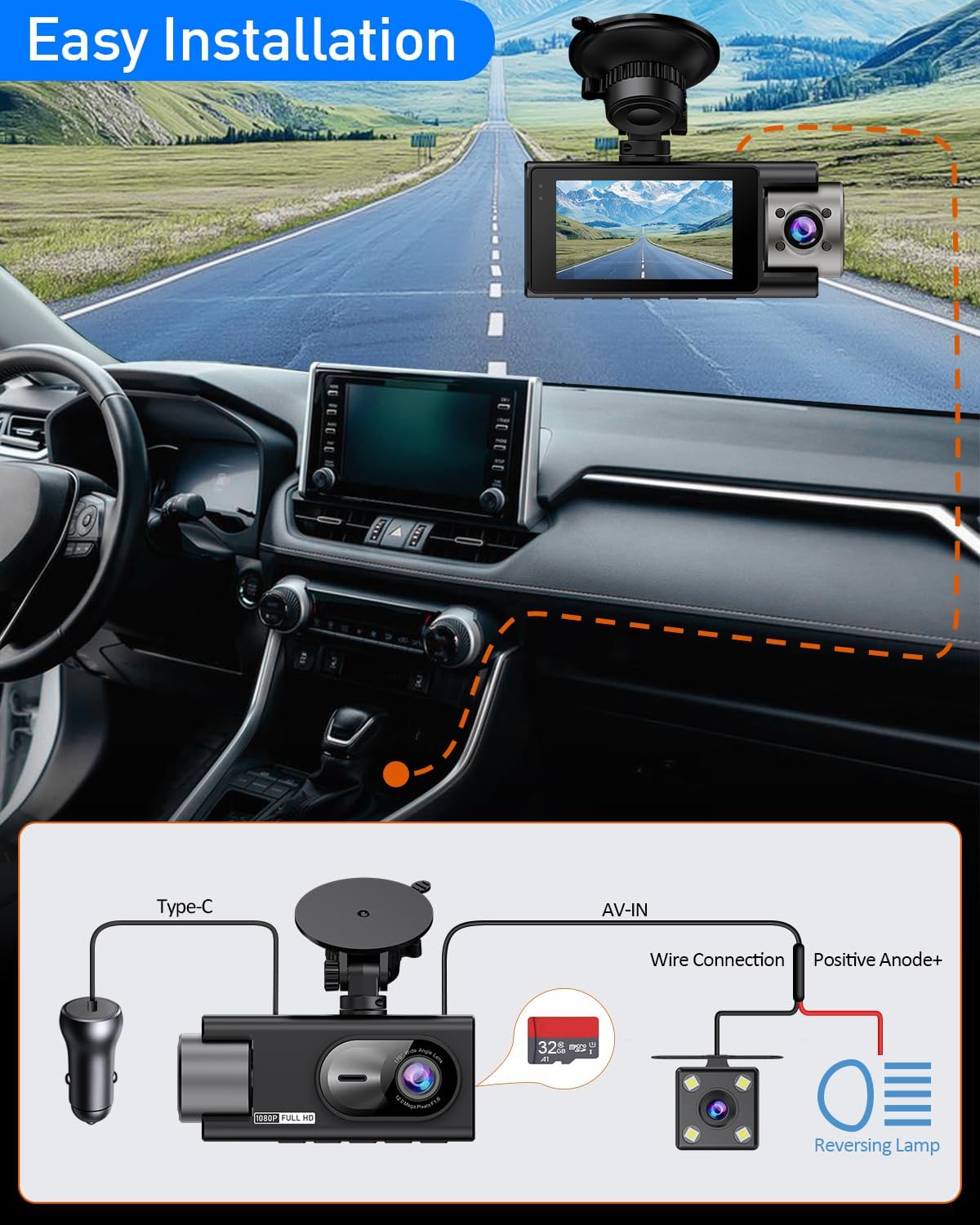 Diagram showing easy installation of ZKCAMSPY X12 Dash Cam with connections for Type-C power, AV-IN for rear camera, and optional reversing lamp connection.