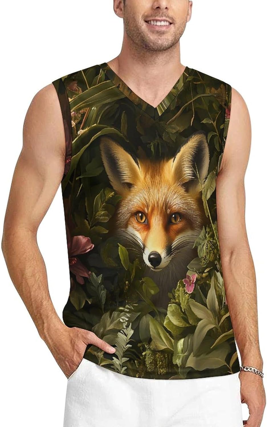 Fox Leaf Flowers in Grove Men's V-Neck Basketball Tank Top Sleeveless Workout Tank Shirts Gym Fitness Tees Vest