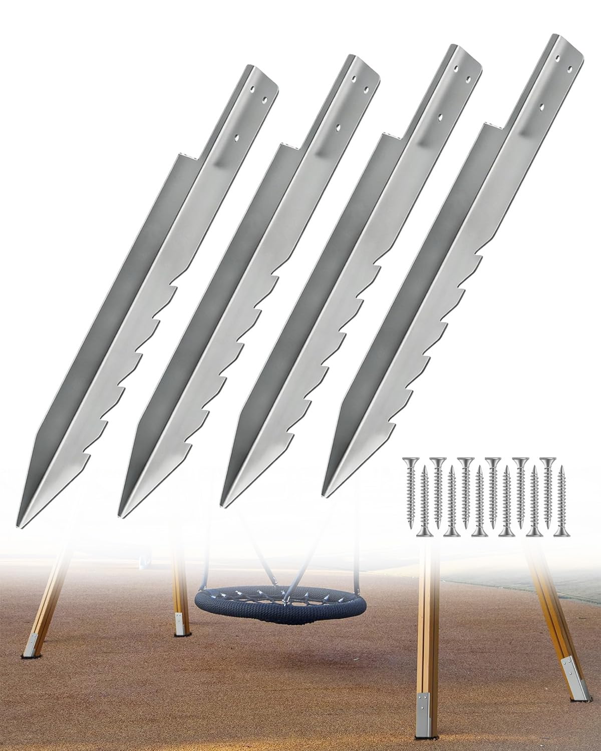 Btowin 4 Pack Fence Post Anchor Ground Spike,42cm Metal Swing Fixings Heavy Duty Galvanised Steel Wooden Post Anchor Ground Spike for Kids Swing Wooden Playgrounds