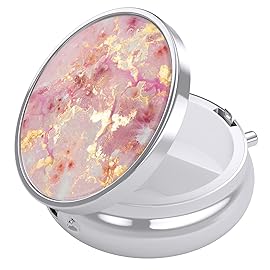 Nipichsha Pill Box, Small Pill Case for Purse & Pocket, Cute Travel Medicine Organizer, Portable Medicine Container Holder to Hold Vitamins, Medication, Fish Oil & Supplement, Gold Pink Marble