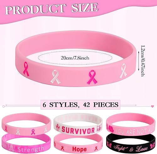 Miniatura 2 de JUNEBRUSHS 42 piezas de accesorios de concientización sobre el cáncer de mama, pulseras de silicona, accesorios de coraje y esperanza para mujeres,