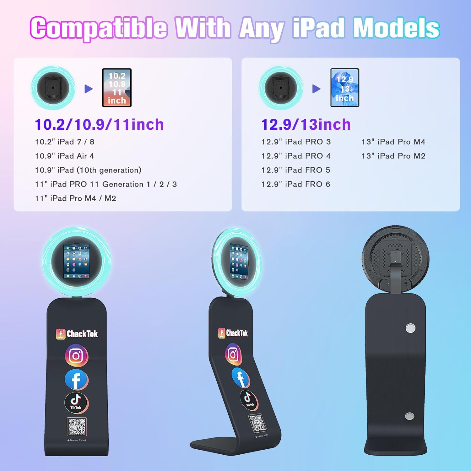 Portable Photo Booth Machine for iPad 10.2"/10.9"/11"/12.9" with APP/Remote Control Lights, Photo Capture/Sharing, Silkscreen Removable Cloth Pouch, for Events/Parties/Weddings, with ChackTok VIP