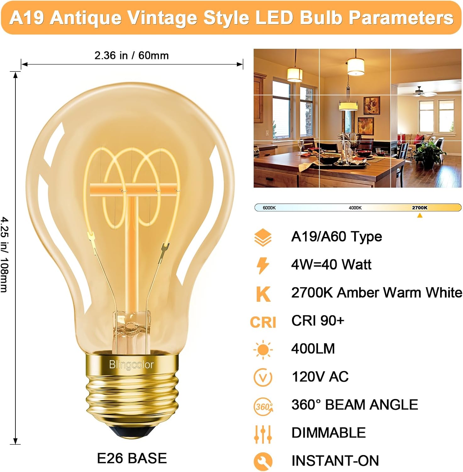 A19 Vintage LED Edison Light Bulbs 40 Watt, Dimmable E26 4W LED A19 Edison Bulb 40 Watt Equivalent, 2700K Amber Warm White Light Bulbs, 6 PACK Vintage Antique Decorative Light Bulbs, CRI 90+