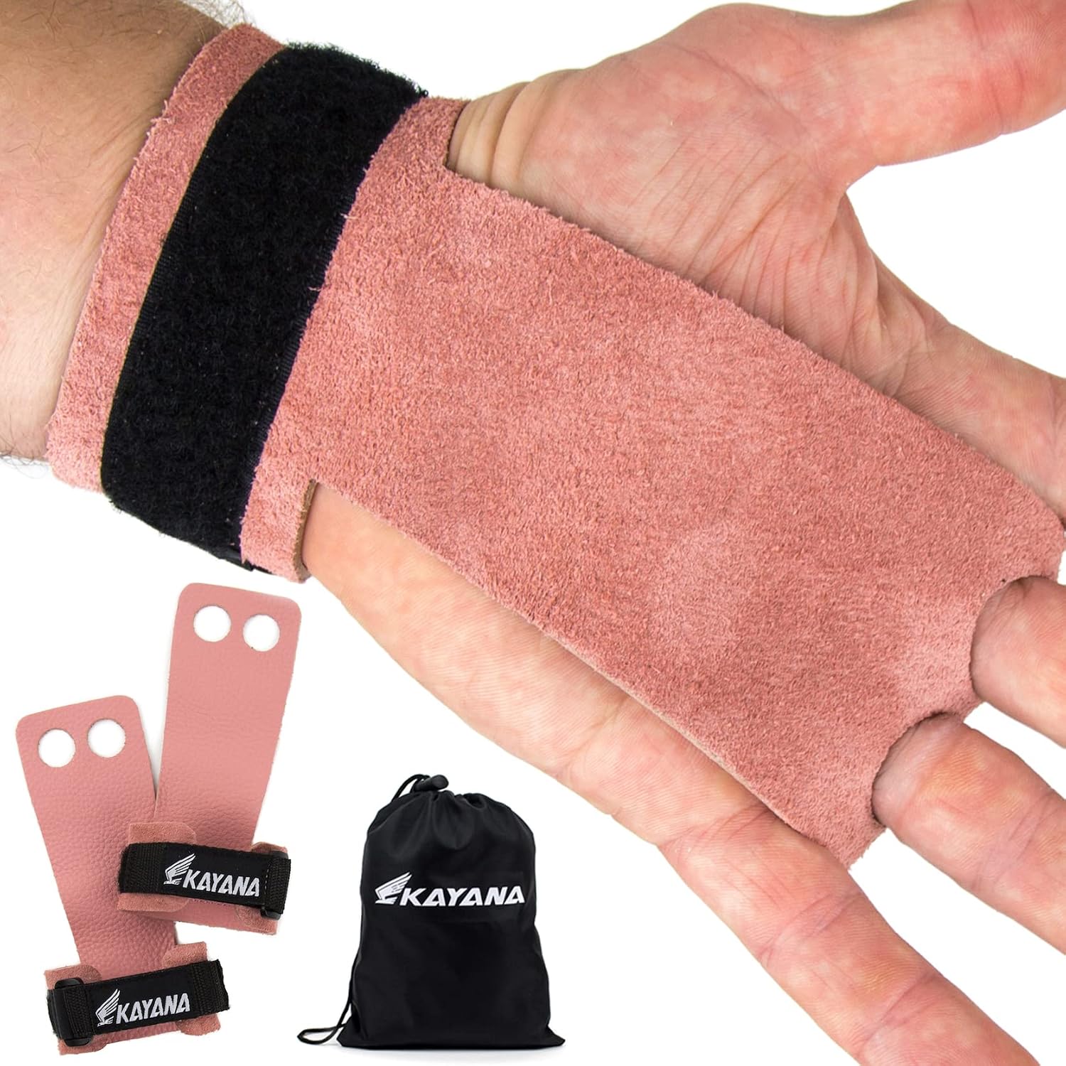 KAYANA 2 Hole Leather Gymnastics Hand Grips - Palm Protection and Wrist Support for Cross Training, Kettlebells, Pull ups, Weightlifting, Chin ups, Workout, & Exercise