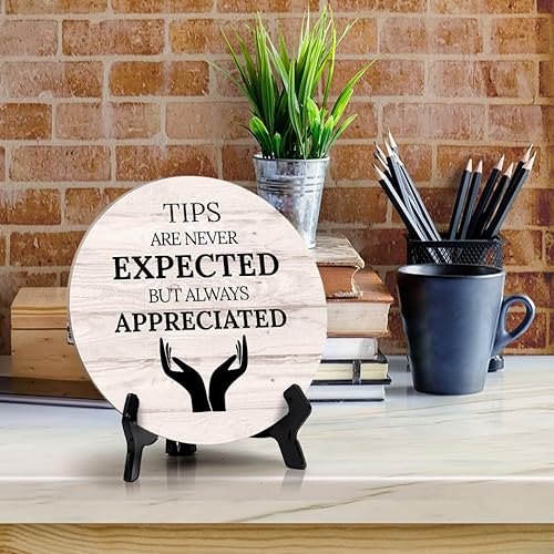 Miniatura 4 de Sign ByLITA - Letrero de mesa circular con texto en inglés "Tips Are Never Expected But Always Appreciated", color madera, cartel de mesa circular