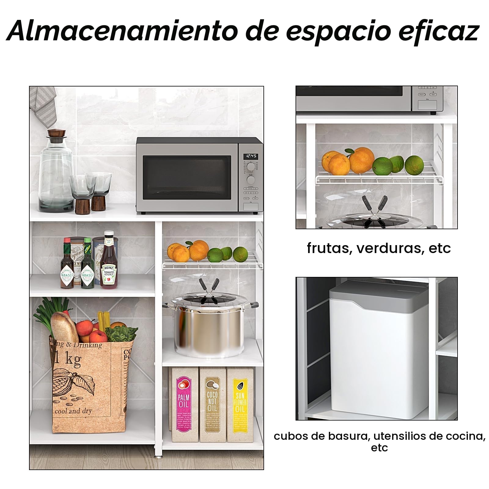 SogesPower Estantería para cocina con estante de almacenamiento y ganchos laterales, soporte para microondas, utilidad de organización, 3 niveles, cocina, salón y pasillo
