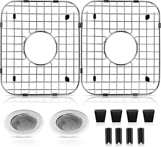 ARLBA 2-Pack 13.7x11.6in 304 Stainless Steel Sink Protector Grids for 14.2x12.1in+ Kitchen Sinks w/Center Drain + 2 Strainers