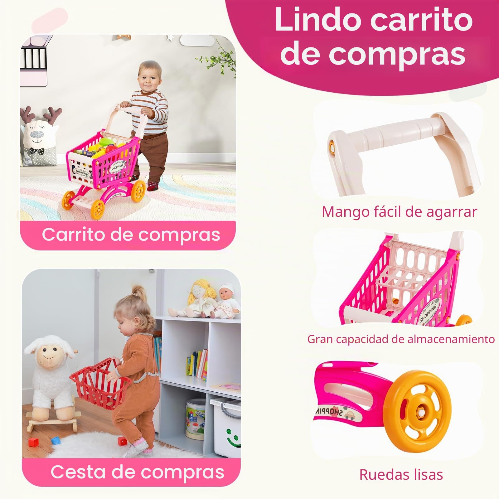 HOMASIS Juego de Supermercado con Luz, Sonido y 29 Accesorios, Tienda de Comerciantes con Caja Registradora, Carrito de Compras, Báscula y Escáner, para Niños de 3+ Años (Rosa)