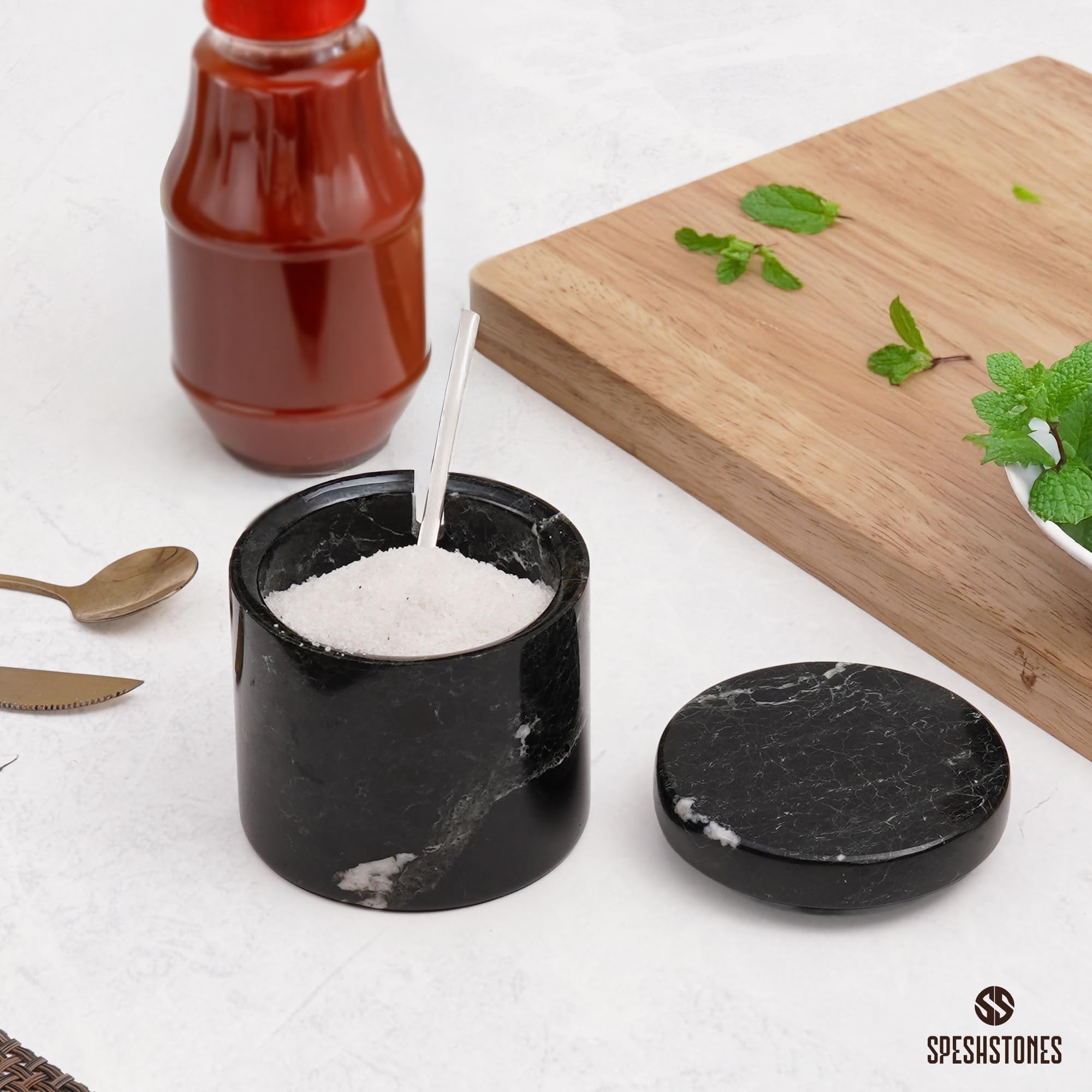 Speshstones Contenitore per Sale in Marmo Nero da 7,6 cm per Piano di Lavoro - Zuccheriera con Coperchio, Portasapone in Pietra, Barattoli per Spezie, Contenitore per Condimenti, Sale da Cucina per