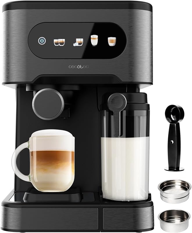 Cecotec Power Espresso 20 ColdBrew Latte Semi Automatic Express Coffee Machine, 1350W, 20Bar, Cold, Warm or Warm, Touch Screen, 1.5L Water Tank and 500ml Milk, Warming Cup, Double Arm