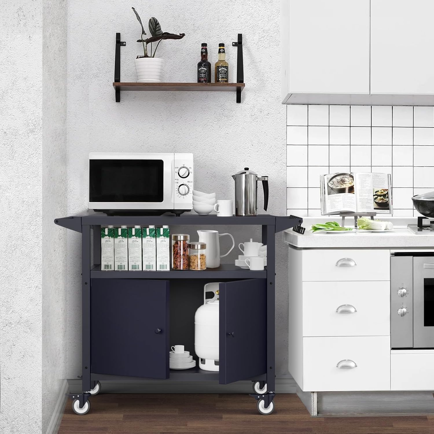 Outdoor Grill Table with Storage, Movable BBQ Grill Cart, Outdoor Kitchen Prep Station, Rolling Bar Serving Cart with Utensil Hooks, Blackstone Griddle Stand